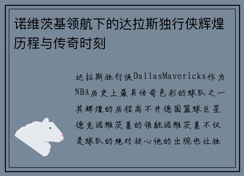 诺维茨基领航下的达拉斯独行侠辉煌历程与传奇时刻