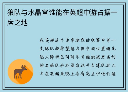 狼队与水晶宫谁能在英超中游占据一席之地